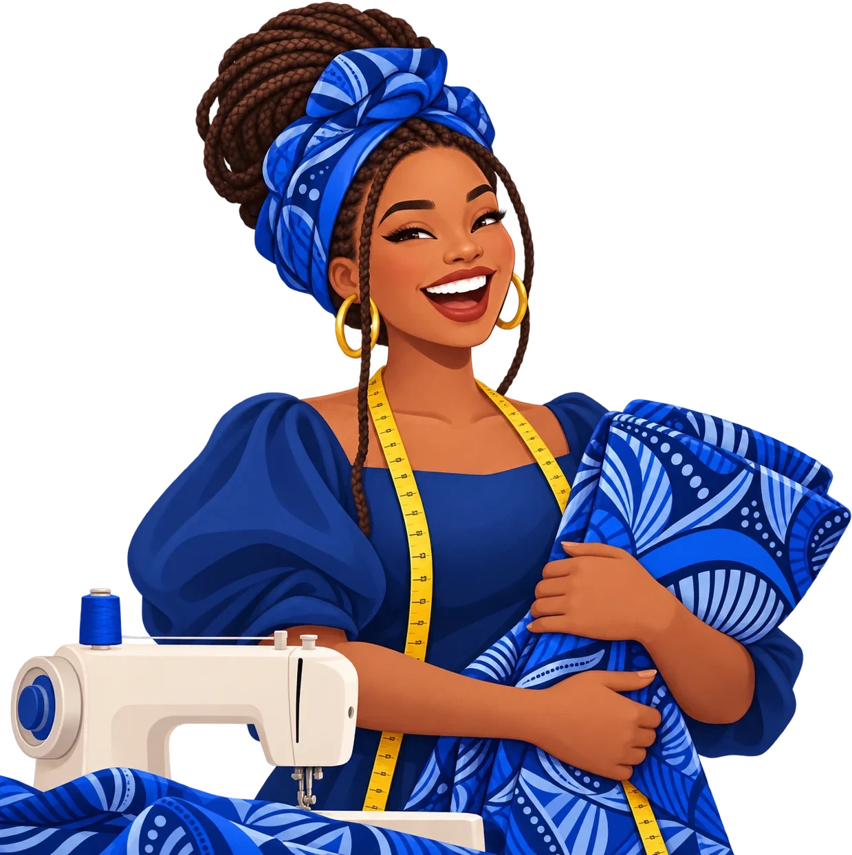 A smiling tailor holding Ankara fabric beside her sewing machine