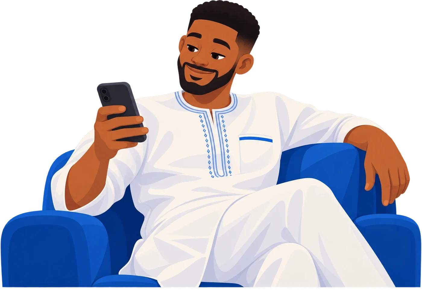 A man in a kaftan booking a service on his phone from his armchair