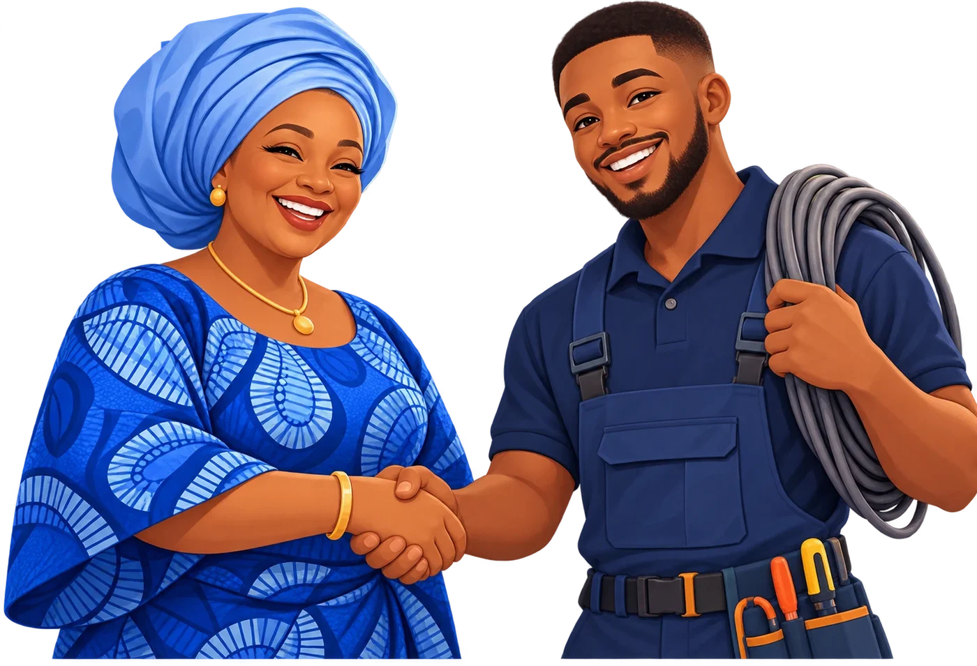 A woman in a gele shaking hands with an electrician at her home