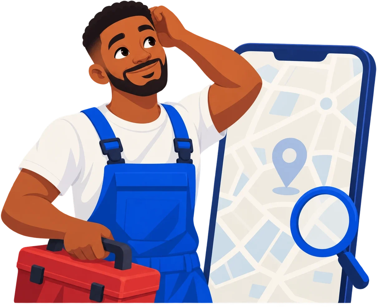 An artisan in overalls checking a map for jobs nearby
